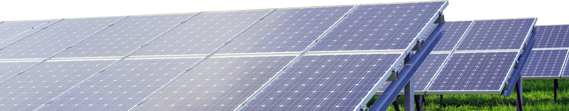 Rows of solar panels on a grassy hill, reflecting sunlight.